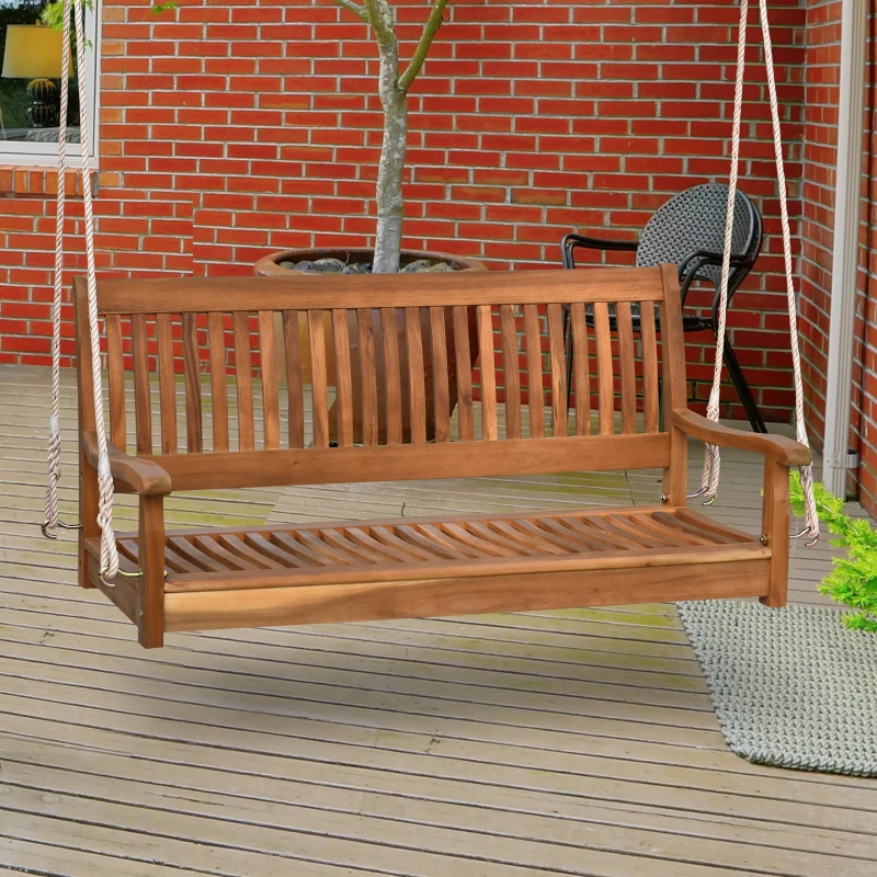 Outsunny 48'' 2-Seater Hanging Porch Swing, Outdoor Patio Wooden Swing Bench w/ Ropes, Slatted Design, 700 lb Weight Capacity, Natural