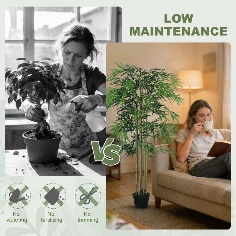 Outsunny 5FT Artificial Bamboo Tree Set of 2, Fake Plant with 1095 Leaves, Greenery Plant in Nursery Pot for Indoor, Green