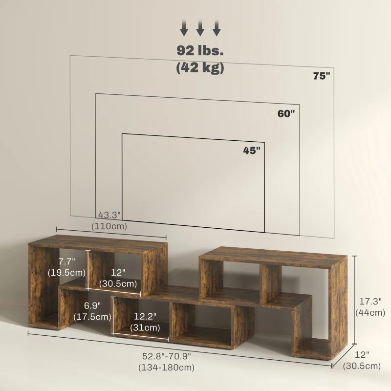HOMCOM TV Stand for TVs up to 75", 3-Piece Modular TV Console with Open Storage Shelves, Rustic Brown