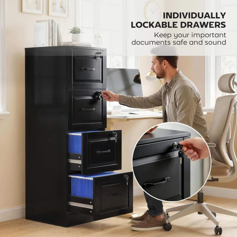 HOMCOM 4 Drawer File Cabinet with Lock, Vertical Filing Cabinet with Adjustable Hanging Bars for A4 and Letter Size, Black