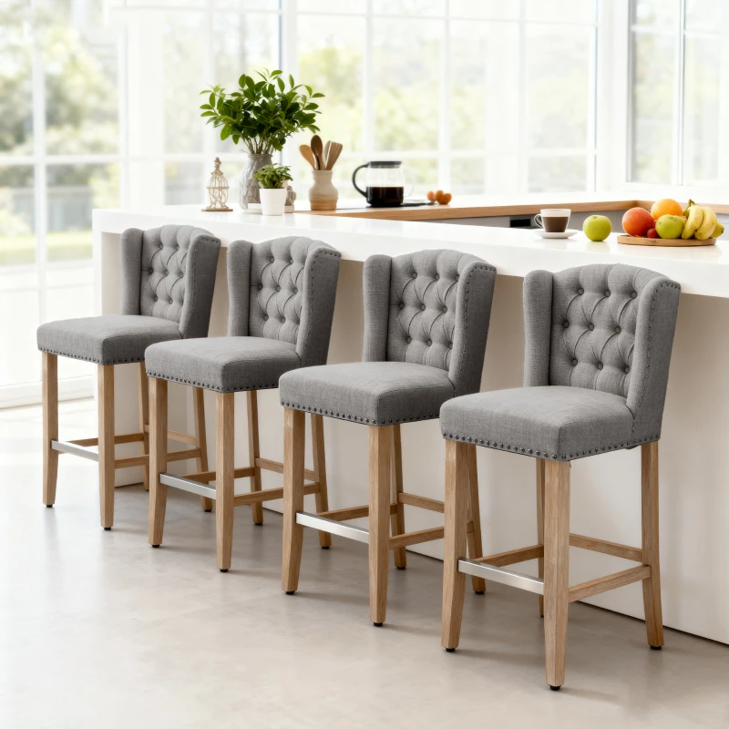 HOMCOM Counter Height Bar Stools Set of 2, 27" Seat Height Upholstered Barstools, Farmhouse Kitchen Island Stools with Nailhead-Trim, Tufted Back and Wooden Legs, Light Gray