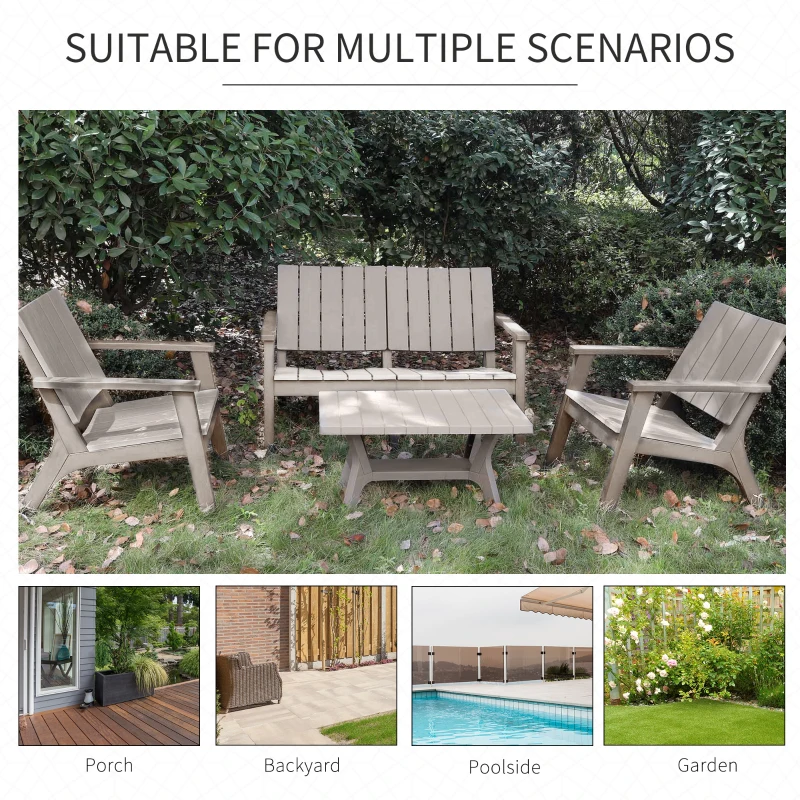Outsunny 4-Piece Outdoor Patio Conversation Set Garden Furniture Set with Weather-Fighting PP Materials, Adirondack Comfort, & Coffee Table, Light Coffee