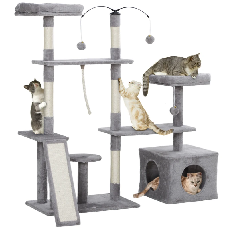 PawHut 53" Cat Tree, Cat Tower with Scratching Posts, Cat Condo, Beds, Platforms, Toy Balls for Indoor Cats, Light Grey