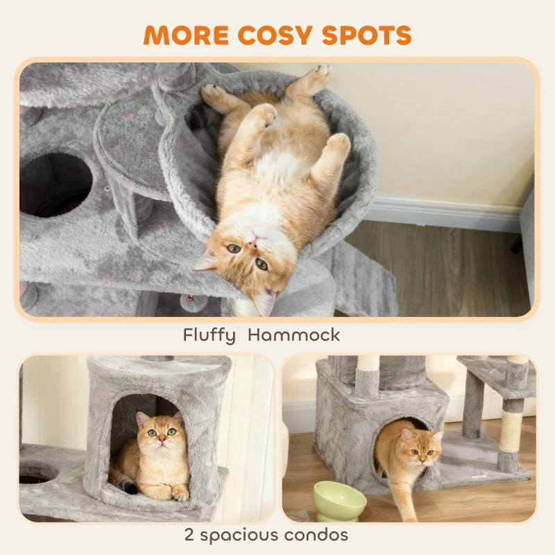 PawHut 67" Large Cat Tree with 7 Scratching Posts, Tunnel, 2 Condos, Hammock, Perch, Ramp, Pompoms, Light Grey