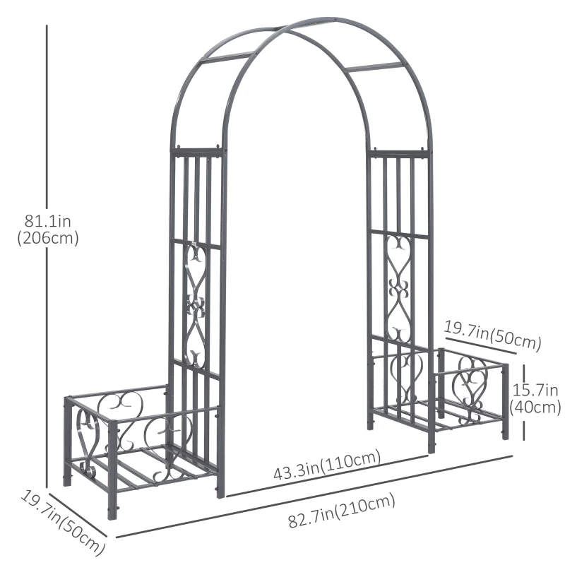 Outsunny 7FT Metal Garden Arch with 2 Planter Boxes, Decorative Outdoor Walkway Arbor for Climbing Vine Plants for Patio Backyard Lawn Party Ceremony, Dark Grey