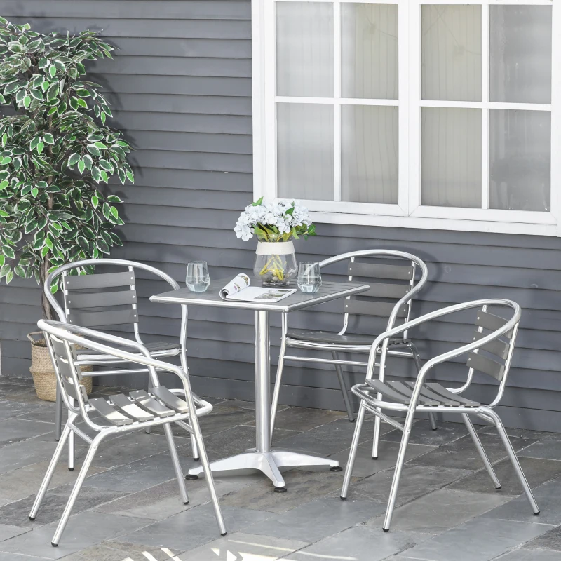 Outsunny 5-Piece Outdoor Patio Bistro Table Set with Aluminum Frame, Woodgrain-Style Tabletop & Draining Slat Design