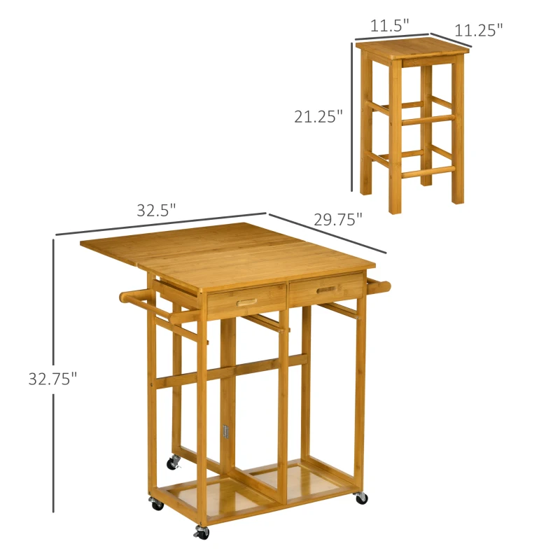 HOMCOM Breakfast Cart Table and Chair Set Kitchen Island with Seating