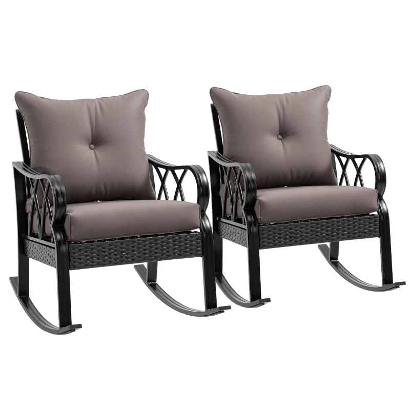 Outsunny 2 Piece Outdoor Wicker Rocking Chairs Rattan Porch Rockers with Cushions, Aluminum Frame for Garden, Patio, Gray