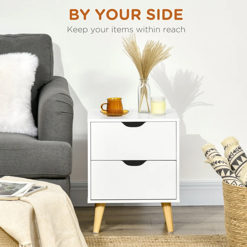 HOMCOM Modern Bedside Table, Nightstand with 2 Drawers and Pine Wood Legs for Bedroom, Living Room, White