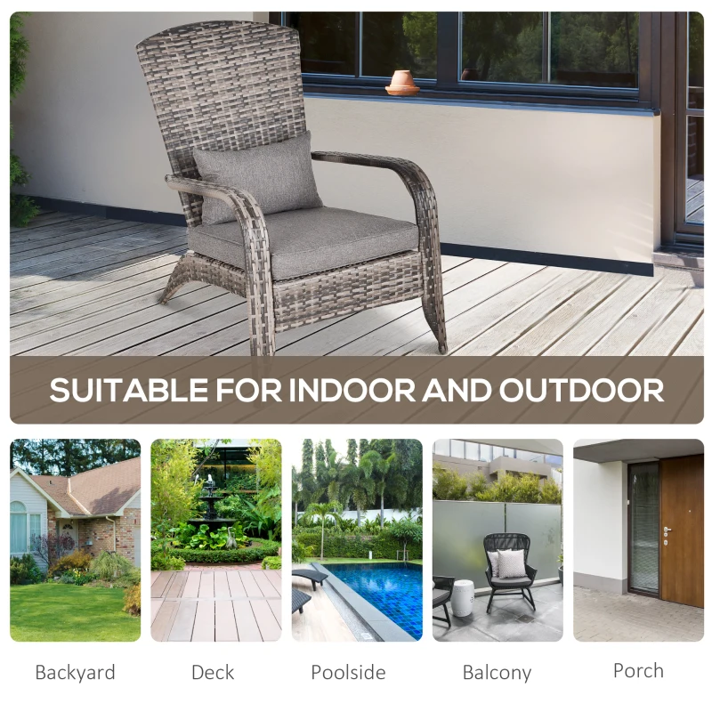Outsunny Patio Wicker Adirondack Chair, Outdoor All-Weather Rattan Fire Pit Chair w/ Soft Cushions, Tall Curved Backrest and Comfortable Armrests for Deck or Garden, Gray
