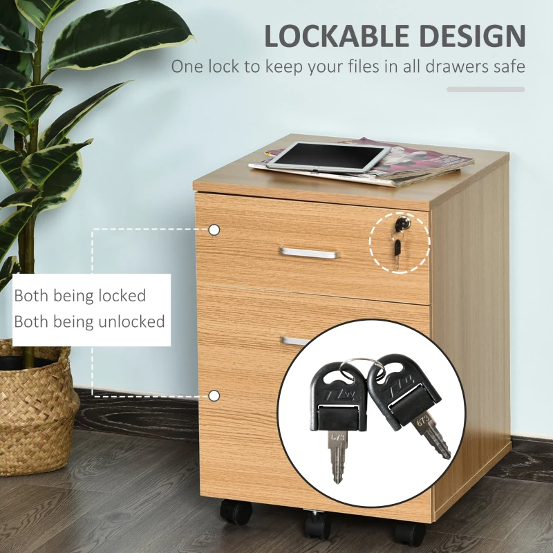 Vinsetto 2 Drawer File Cabinet with Lock and Keys, Mobile Vertical Filing Cabinet with Wheels and Drawers, Home Office Cabinet, Natural