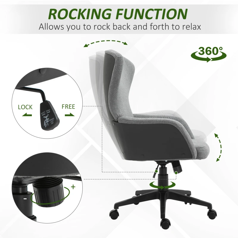 Vinsetto Swivel Office Chair Modern Linen Upholstered Home Computer Desk Task Chair with Cushioned Arm, Wheels, Adjustable Height, Grey