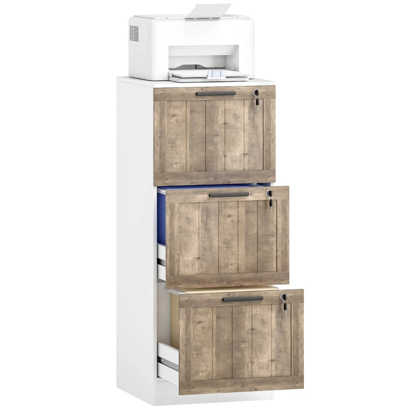 HOMCOM 3 Drawer Filing Cabinet, Farmhouse File Cabinet with Lock, Adjustable Hanging Rails for A4 Letter Size Files, White
