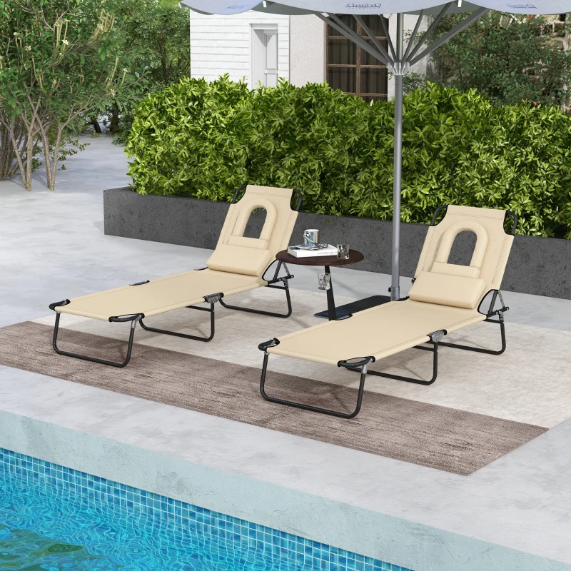 Outsunny Folding Lounge Chair Set of 2, Reclining Beach Tanning Chair with Face Hole, Pillow, 4-Position Adjustable Flat Sun Lounger, Steel Frame for Outdoor Patio Pool, Beige