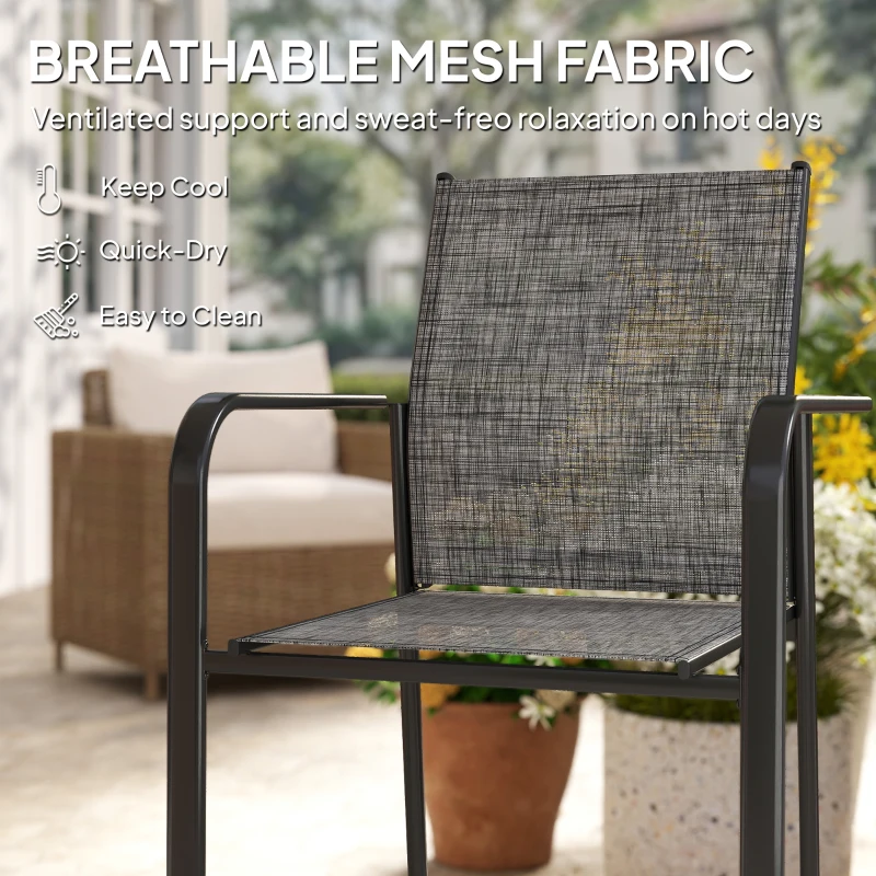 Outsunny Stackable Patio Chairs Set of 4, Outdoor Dining Chairs with 20" Deep Seat, All Weather Breathable Mesh, Armrests, Grey