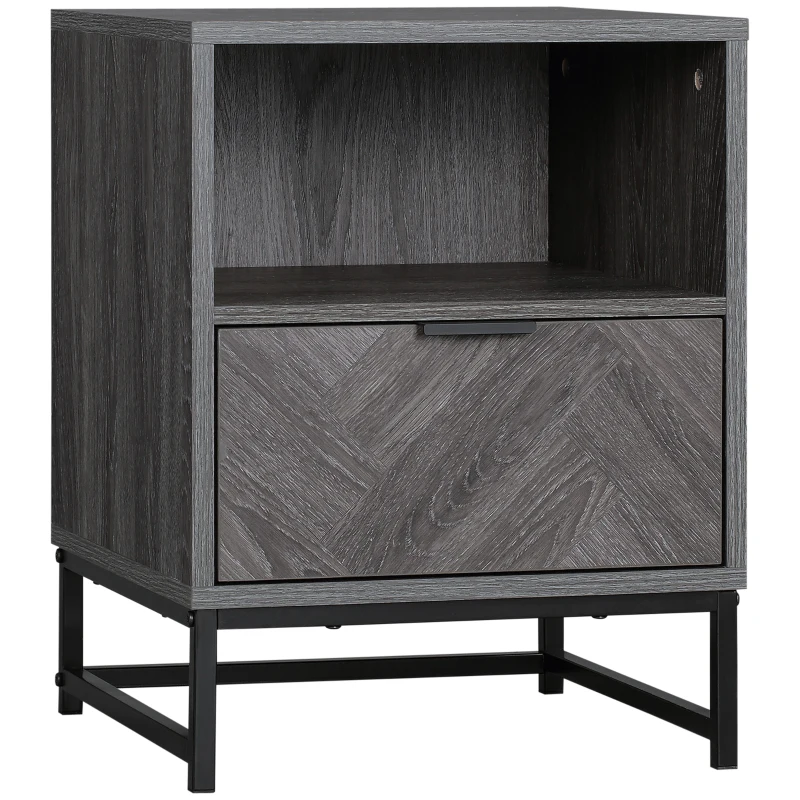 HOMCOM Modern Bedside Table with Drawer and Open Shelf, Sofa Side Table for Bedroom Living Room, Dark Grey