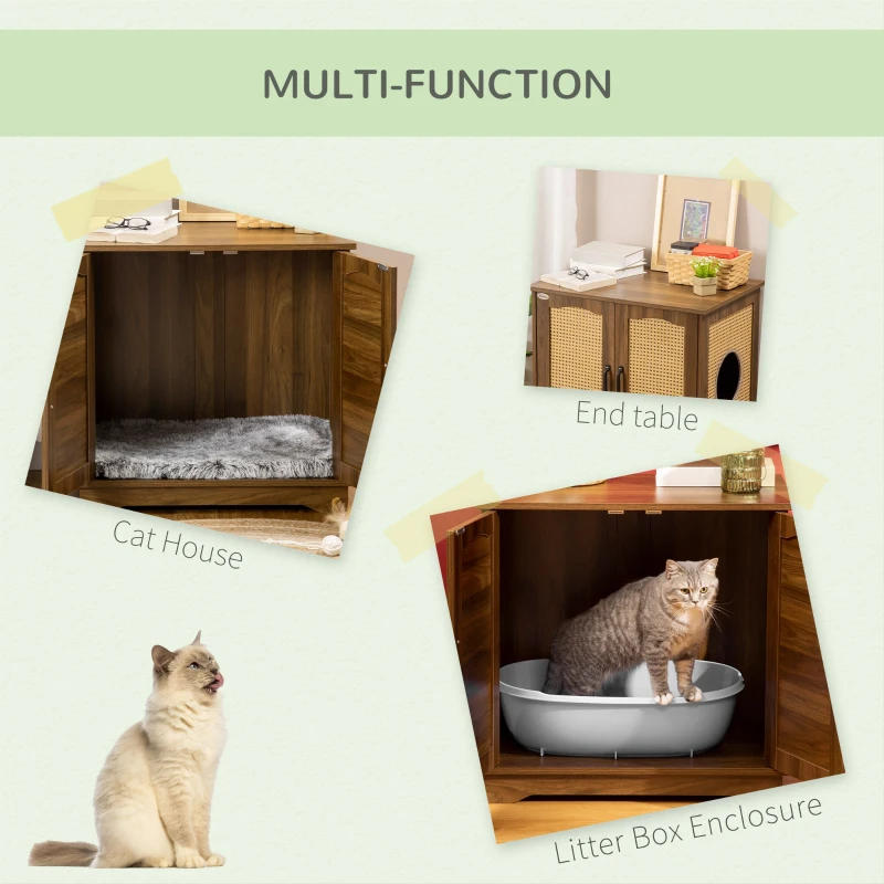 PawHut 3-in-1 Cat Litter Box Furniture Hidden, Cat Cabinet Bed, End Table with Rattan, Kitty Bed with Plush Foam Cushion, Modern Cat Bedding House with End Table Use, Walnut