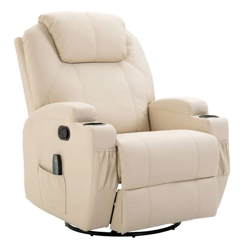 HomCom Faux Leather Heated Massage Recliner Chair with Remote - Cream White