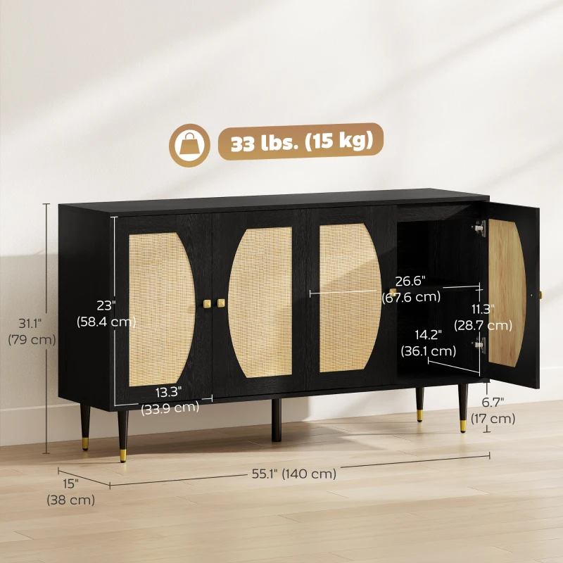 HOMCOM 55" Sideboard Buffet Cabinet, Boho Storage Cabinet with Adjustable Shelves, Soft Close Doors and Rattan Front, Black