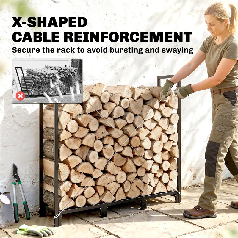 Outsunny 4 ft Firewood Rack with Customisable Width & Height, Cable Reinforcement, 616 lb Capacity Log Store Indoors, Black
