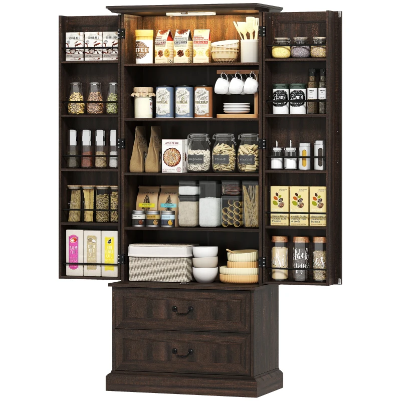 HOMCOM 72" LED Kitchen Pantry Cabinet, Buffet Storage Cabinet with 10 Door Shelves, 2 Drawers and Adjustable Shelves, Brown