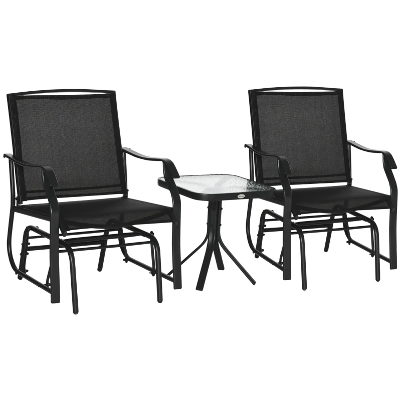 Outsunny 3 Piece Patio Glider Set Outdoor Gliders with Breathable Mesh Seat, Glass Top Table for Garden, Yard, Black