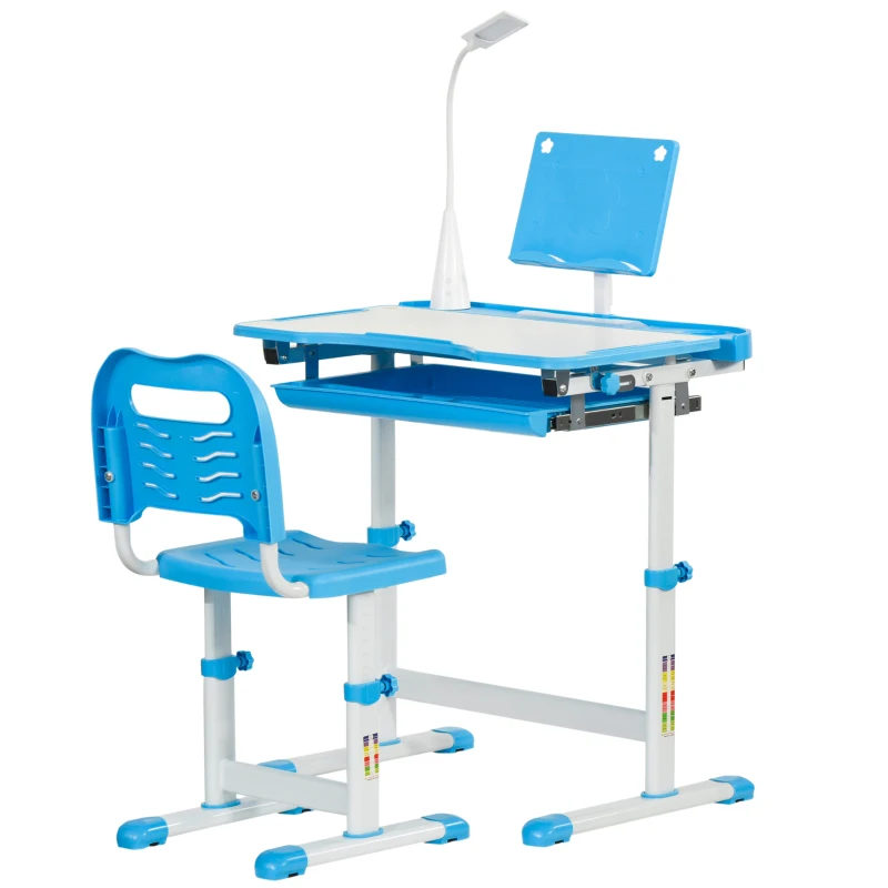 Qaba Kids Desk and Chair Set Height Adjustable Student Writing Desk Children School Study Table with Tilt Desktop, LED Lamp, Pen Box, Drawer, Reading Board, Cup Holder, Blue