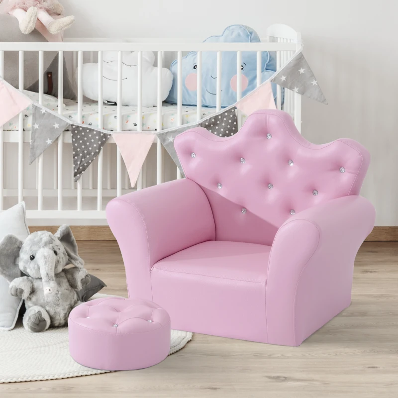 Qaba Kids Sofa Set with Footstool, Princess Sofa with Diamond Decoration