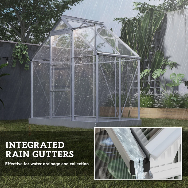 Outsunny 6' x 4' Walk-In Greenhouse, Polycarbonate Greenhouse with Sliding Door, Window, Aluminium Frame, Foundation, Silver