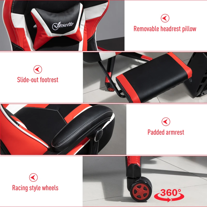 Vinsetto High Back Gaming Chair, Racing Style Ergonomic Computer Desk Chair with Adjustable Height, Retractable Footrest, Headrest and Lumbar Support, Red