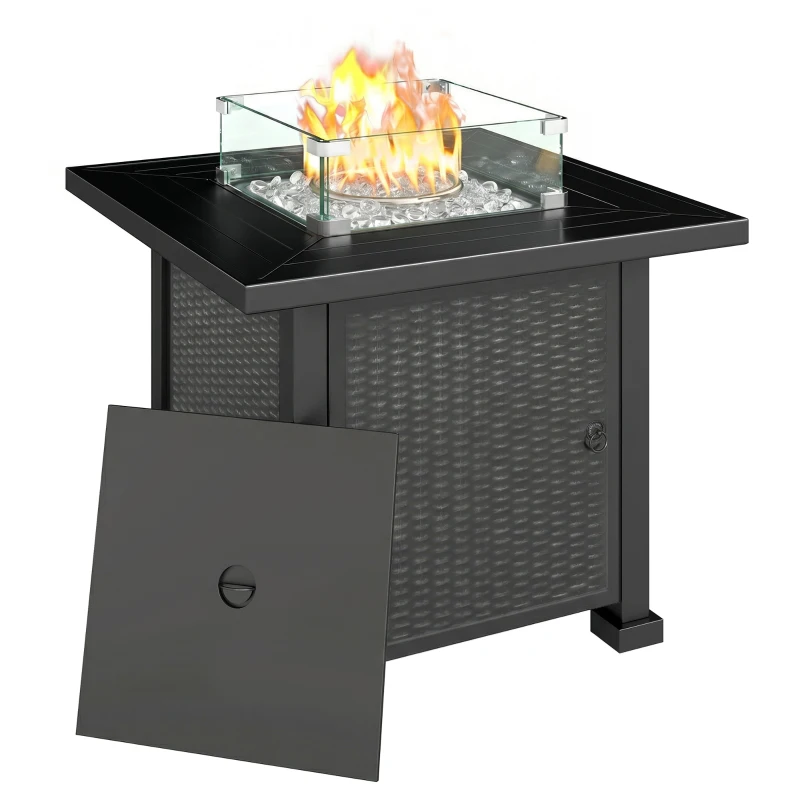 Outsunny 32" Propane Gas Fire Pit Table, 50,000 BTU Square Patio Table with Fire Pit, Wind Guard, Lid, CSA Certified, Black