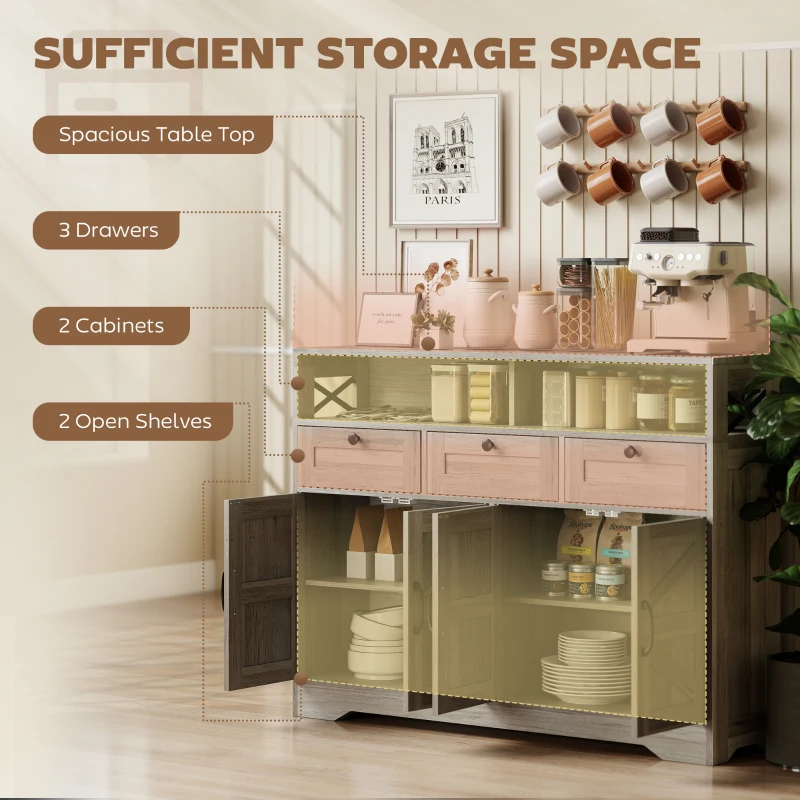 HOMCOM Sideboard, Buffet Cabinet with 4 Barn Doors and 3 Drawers, Coffee Bar Cabinet with Adjustable Shelves, Grey