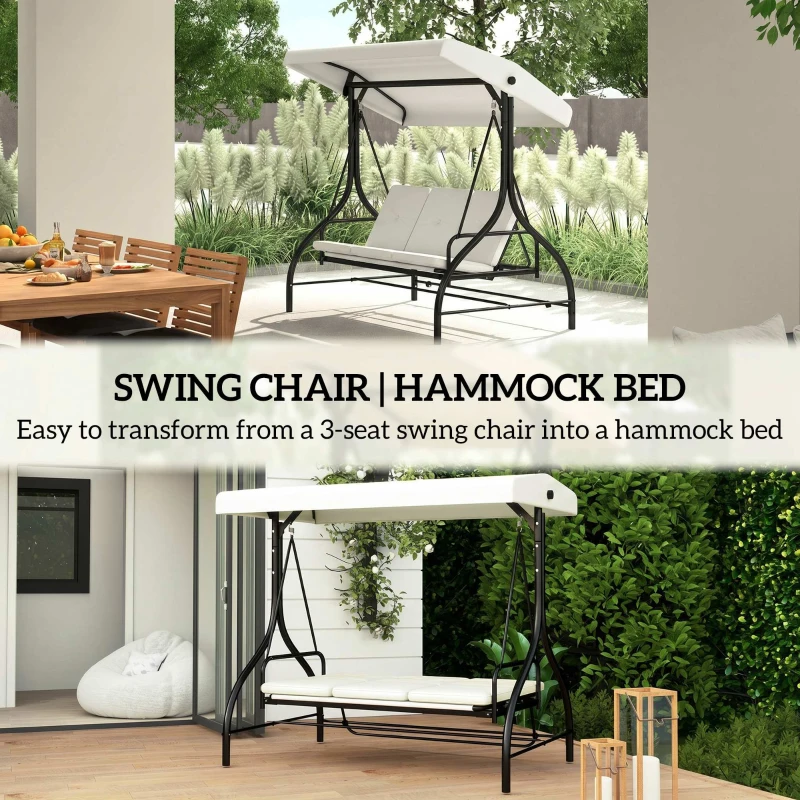 Outsunny Convertible Patio Swing Bed with Canopy and Cushions, 3 Seater Porch Swing for Outdoor, Backyard, Garden, Cream White