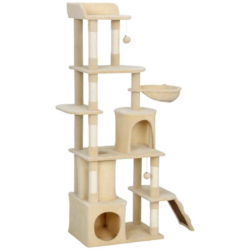 PawHut 67" Large Cat Tree with 7 Scratching Posts, Tunnel, 2 Condos, Hammock, Perch, Ramp, Pompoms, Beige