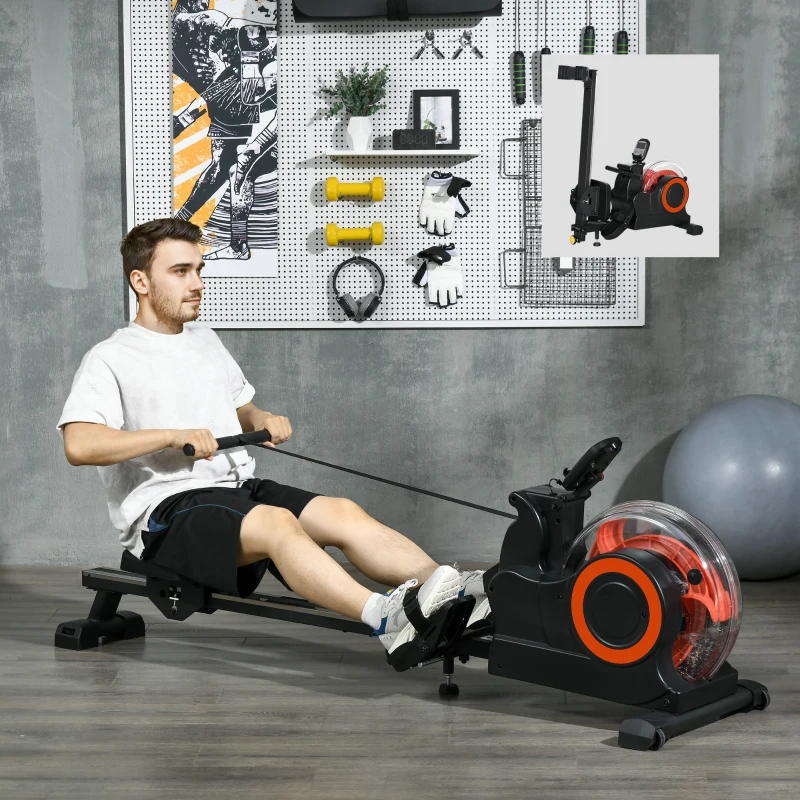 Soozier Foldable Rower Machine, Water Rowing Machine with Wheels, LCD Monitor and Tablet Holder for Cardio Training, Red