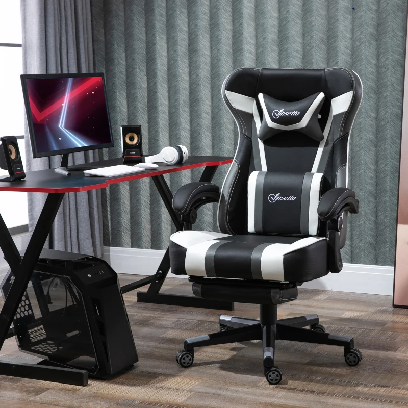 Vinsetto High Back Gaming Chair, Racing Style Ergonomic Computer Desk Chair with Adjustable Height, Retractable Footrest, Headrest and Lumbar Support, Grey