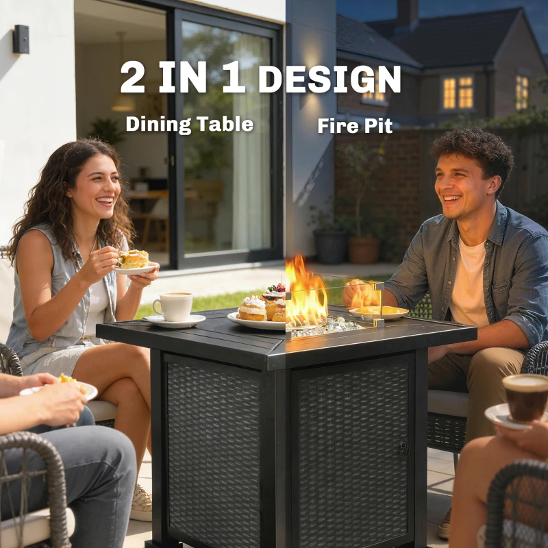 Outsunny 32" Propane Gas Fire Pit Table, 50,000 BTU Square Patio Table with Fire Pit, Wind Guard, Lid, CSA Certified, Black