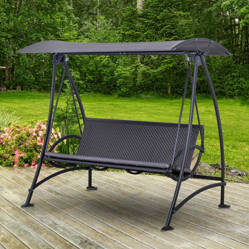 Outsunny 3 Person Rattan Outdoor Hanging Swing Chair with Canopy and Seat Cushions for Backyard, Patio, Garden, Grey