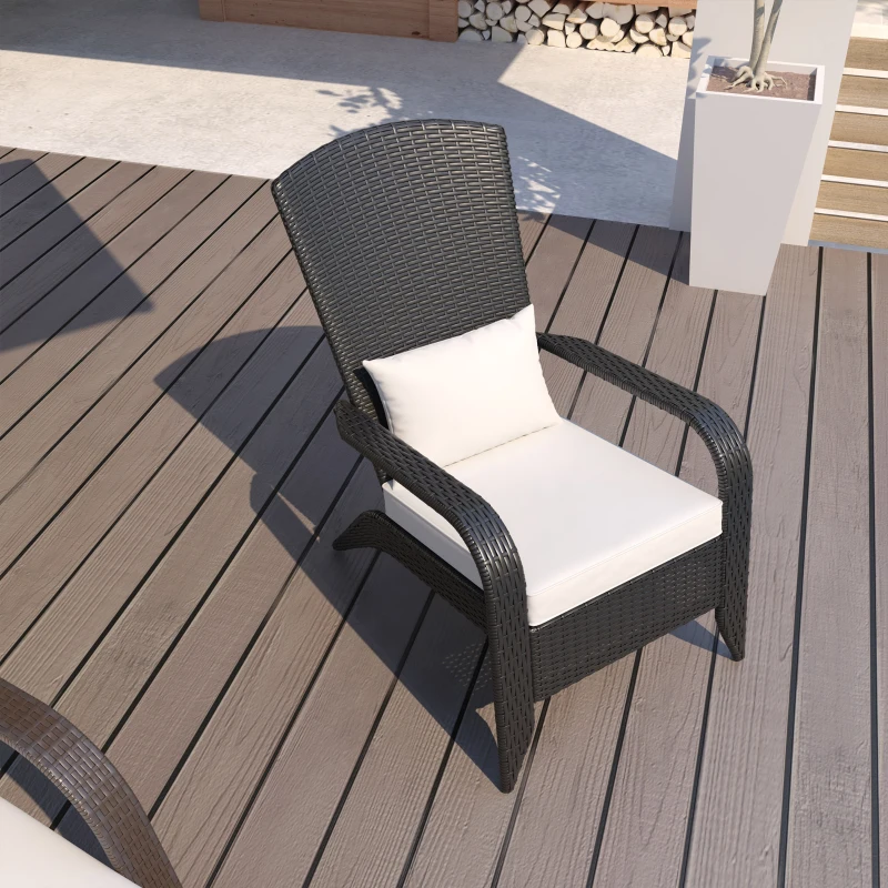 Outsunny Patio Wicker Adirondack Chair, Outdoor All-Weather Rattan Fire Pit Chair w/ Soft Cushions, Tall Curved Backrest and Comfortable Armrests for Deck or Garden, Cream White and Black