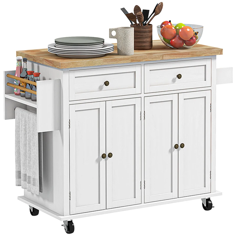 HOMCOM Modern Rolling Kitchen Island Cart with Spice Rack, Distressed White