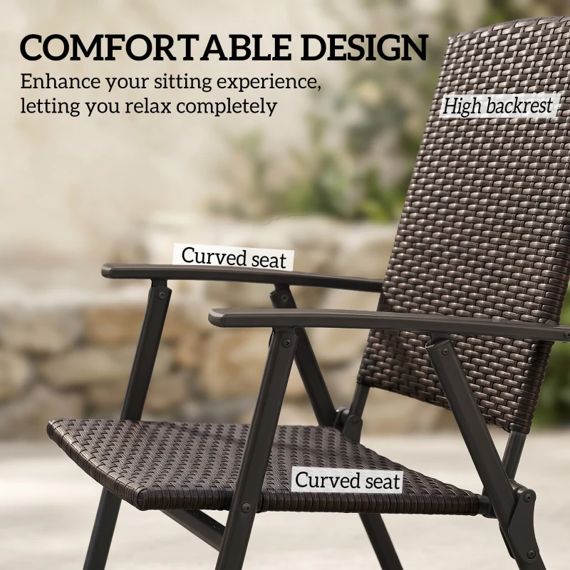 Outsunny Outdoor Wicker Dining Chair Set of 2, 2 Pieces Rattan Foldable Chair with Steel Frame for Garden, Backyard, Porch, Brown