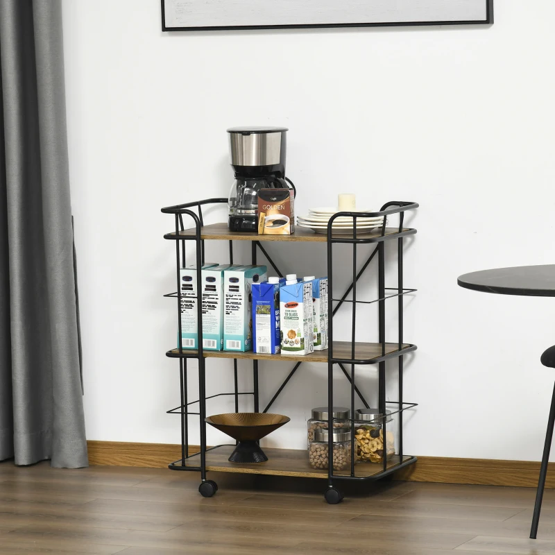 HOMCOM Bar Cart, Industrial Kitchen Cart with Wheels , Rolling Utility 3 Storage Shelves for Dining Room, Laundry Room, and Bathroom, Light Brown Wood Grain