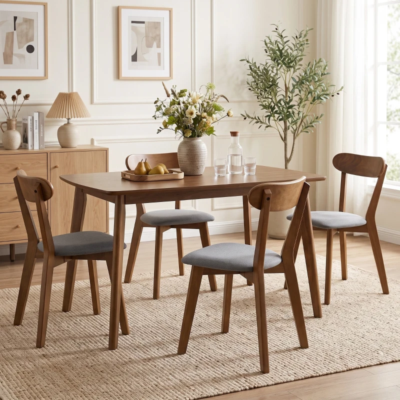 HOMCOM Dining Chairs Upholstered Linen-Look Kitchen Chairs Rubberwood Legs Set of 4 Grey and Brown