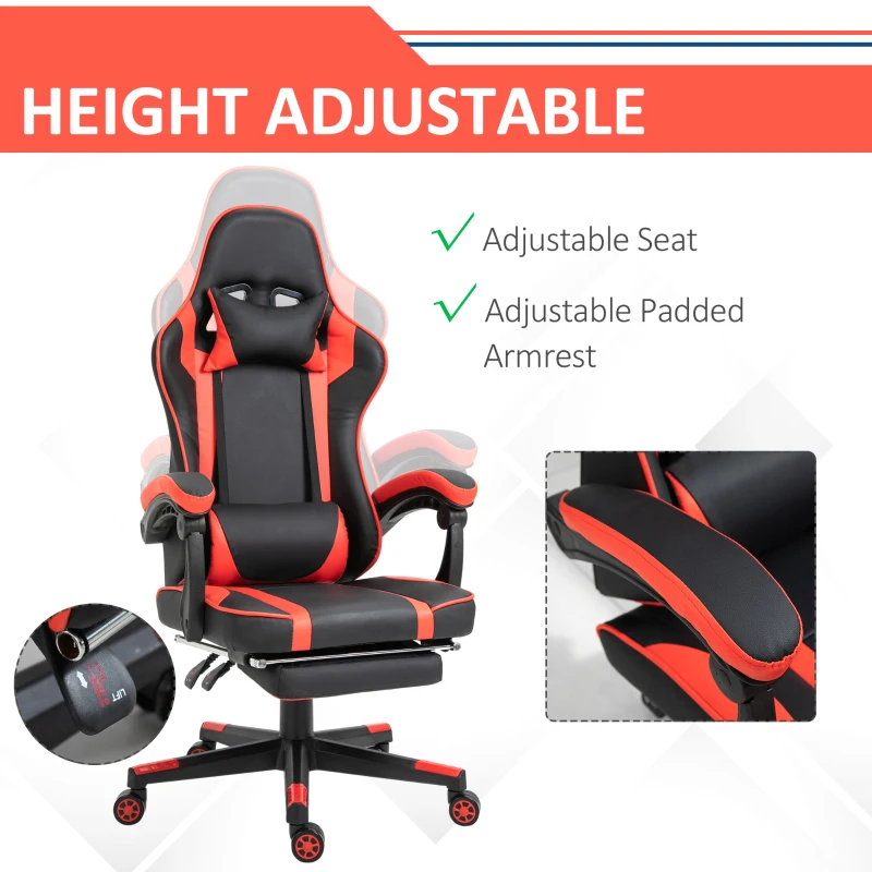 Vinsetto High Back Gaming Chair, PU Leather Racing Style Gamer Computer Chair with Retractable Footrest with Lumbar Support, Pillow and Adjustable Padded Armrests, Red