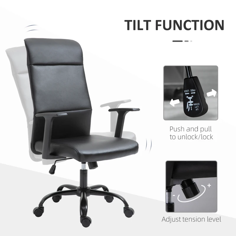 Vinsetto Morden High-Back Office Chair Faux Leather Rocking Swivel Computer Home Desk Chair with Adjustable Height, Metal Legs, Armrest, Wheels, Black