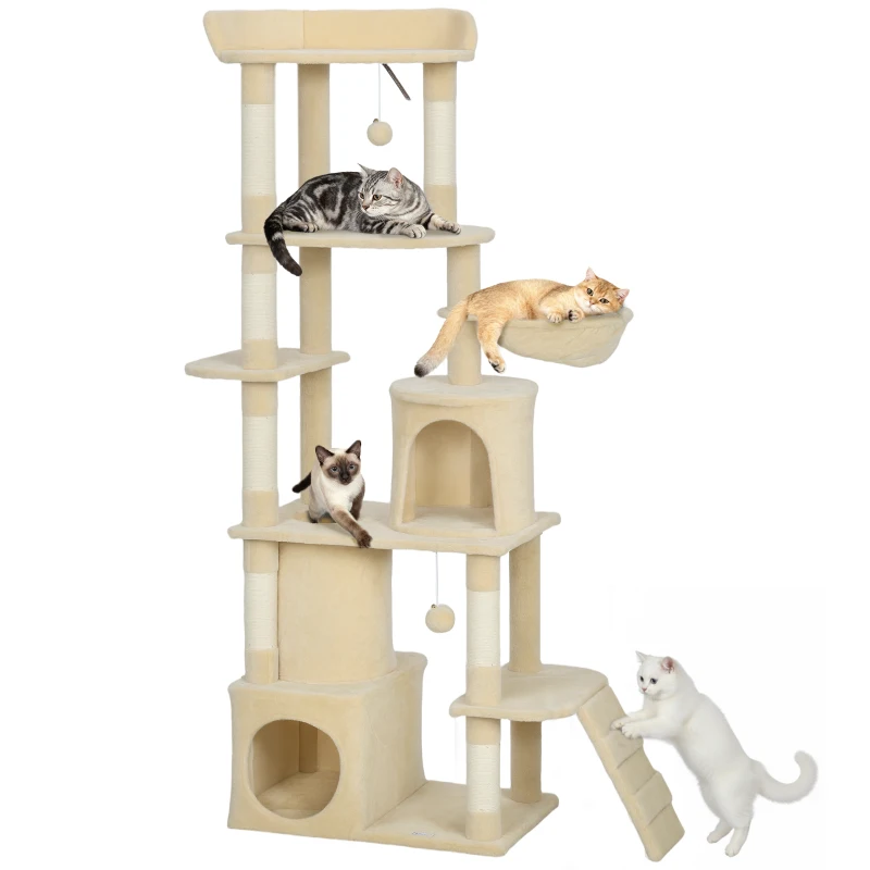 PawHut 67" Large Cat Tree with 7 Scratching Posts, Tunnel, 2 Condos, Hammock, Perch, Ramp, Pompoms, Beige