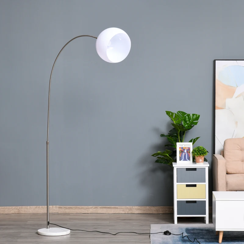 HOMCOM Arc Floor Lamp,Metal Standing Lamp, with 350° Flexible Lampshade, Adjustable Pole, and Marble Round Base for Living, Office, Bedroom, White/Silver