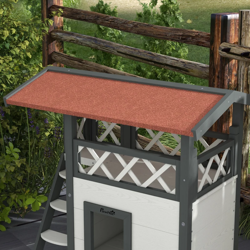 PawHut Wooden 2-Story Shelter for Feral Cats with Asphalt Roof, Stairs, Balcony, 30" x 20" x 29", White