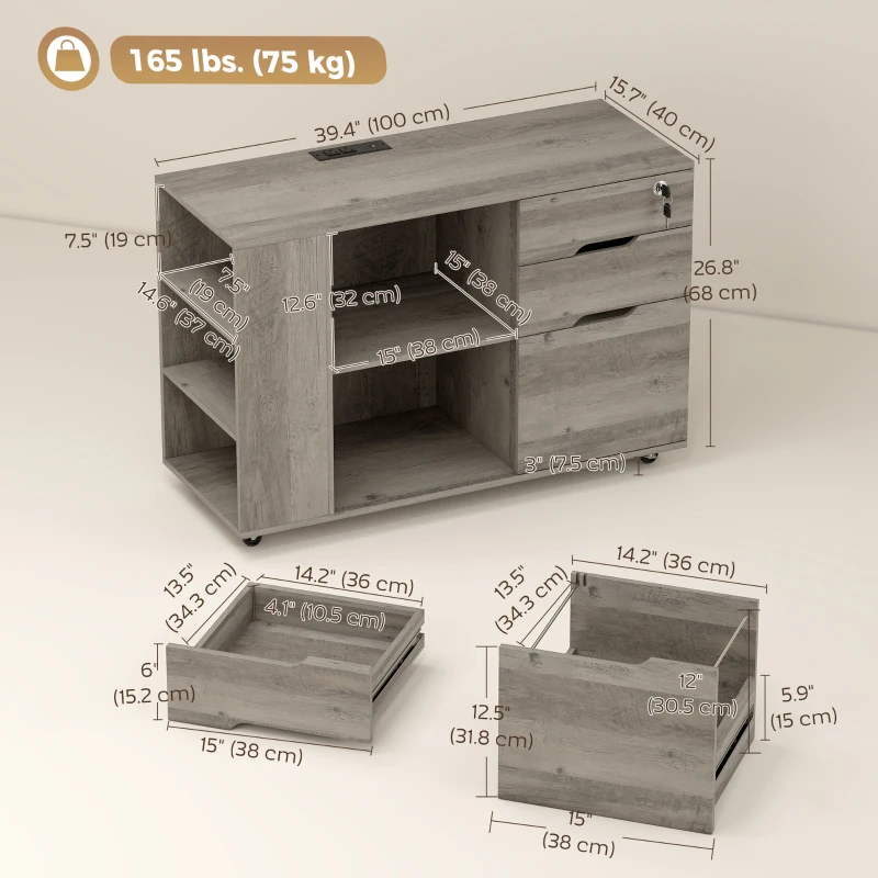 HOMCOM Filing Cabinet with Power Outlets File Cabinet Lockable Casters File Drawer Side Cubbies Light Grey Brown