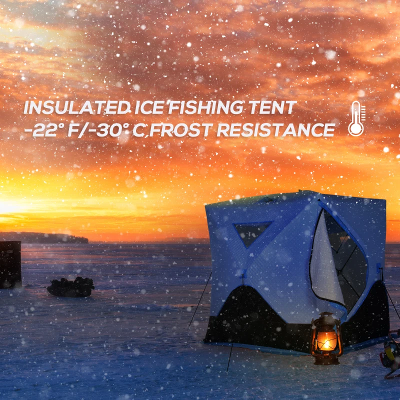 Outsunny 4 Person Ice Fishing Shelter, Pop-Up Ice Shanty Tent, Insulated Portable Tent with 2 Doors & Carrying Bag, Light Blue